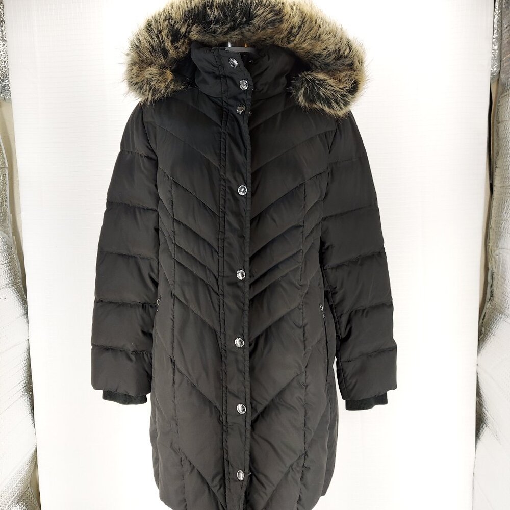 London Fog Down Long Coat with Detachable Faux Fur Hood